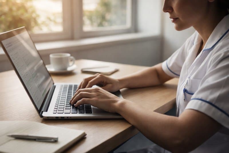 Zorgmedewerker typt beknopte input op laptop