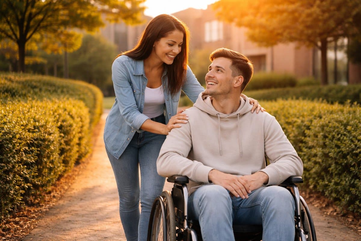 Begeleider en bewoner samen buiten