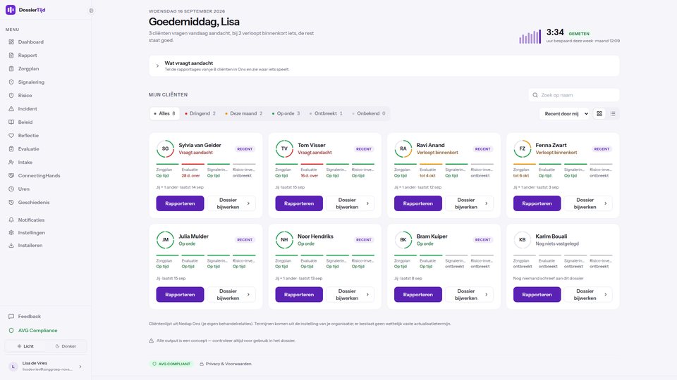 Het startscherm van DossierTijd met de eigen cliënten van de medewerker, hun stand en de dossierstukken die van daaruit te starten zijn
